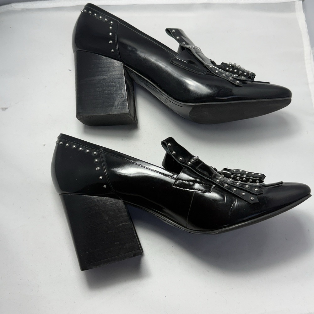 MARC FISHER LTD Patent Leather Fringe Block Heels Studded Loafers Shoes SZ 8.5 - Picture 3 of 7